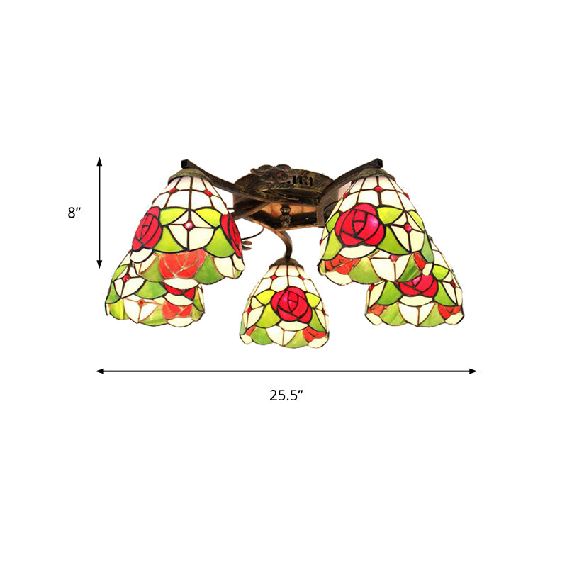 5 Heads Scalloped Ceiling Light Tiffany Stained Glass Semi Flush Light in Antique Bronze for Bedroom Clearhalo 'Ceiling Lights' 'Close To Ceiling Lights' 'Close to ceiling' 'Glass shade' 'Glass' 'Island Lights' 'Semi-flushmount' 'Tiffany close to ceiling' 'Tiffany' Lighting' 267370