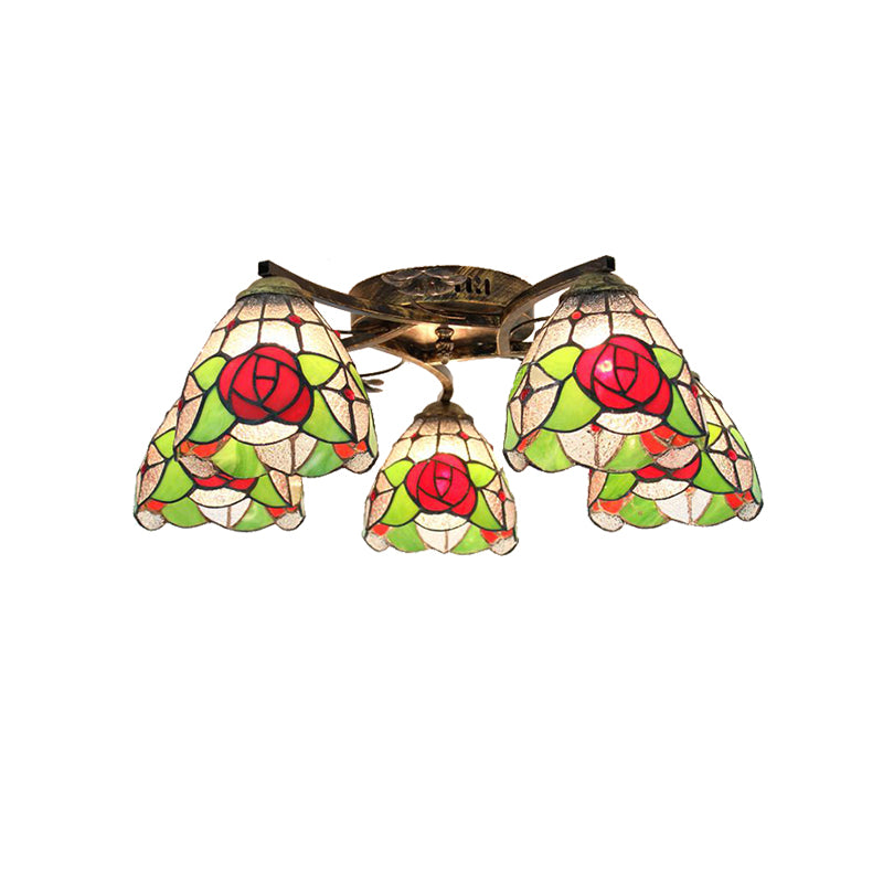 5 Heads Scalloped Ceiling Light Tiffany Stained Glass Semi Flush Light in Antique Bronze for Bedroom Clearhalo 'Ceiling Lights' 'Close To Ceiling Lights' 'Close to ceiling' 'Glass shade' 'Glass' 'Island Lights' 'Semi-flushmount' 'Tiffany close to ceiling' 'Tiffany' Lighting' 267372