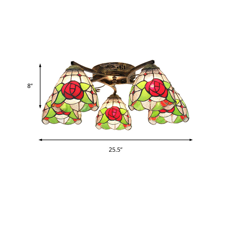 5 Heads Scalloped Ceiling Light Tiffany Stained Glass Semi Flush Light in Antique Bronze for Bedroom Clearhalo 'Ceiling Lights' 'Close To Ceiling Lights' 'Close to ceiling' 'Glass shade' 'Glass' 'Island Lights' 'Semi-flushmount' 'Tiffany close to ceiling' 'Tiffany' Lighting' 267373