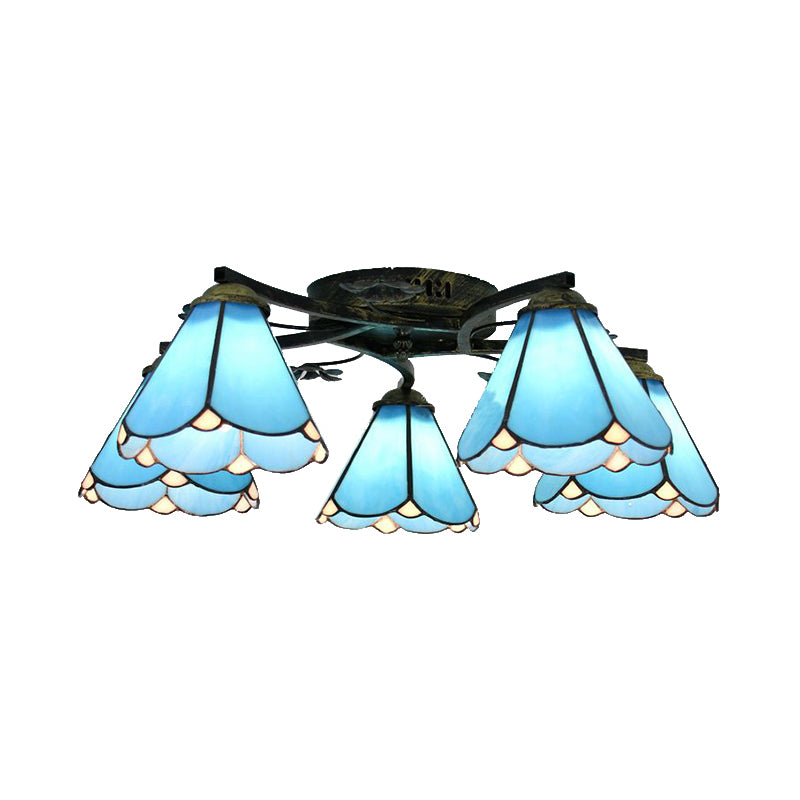 5 Heads Scalloped Ceiling Light Tiffany Stained Glass Semi Flush Light in Antique Bronze for Bedroom Clearhalo 'Ceiling Lights' 'Close To Ceiling Lights' 'Close to ceiling' 'Glass shade' 'Glass' 'Island Lights' 'Semi-flushmount' 'Tiffany close to ceiling' 'Tiffany' Lighting' 267378