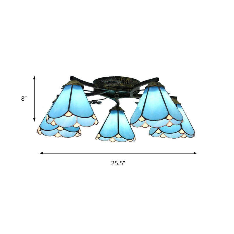 5 Heads Scalloped Ceiling Light Tiffany Stained Glass Semi Flush Light in Antique Bronze for Bedroom Clearhalo 'Ceiling Lights' 'Close To Ceiling Lights' 'Close to ceiling' 'Glass shade' 'Glass' 'Island Lights' 'Semi-flushmount' 'Tiffany close to ceiling' 'Tiffany' Lighting' 267379