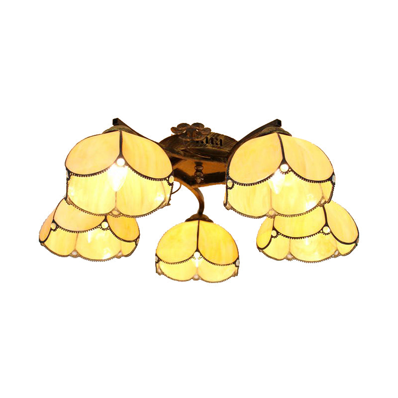 5 Heads Scalloped Ceiling Light Tiffany Stained Glass Semi Flush Light in Antique Bronze for Bedroom Clearhalo 'Ceiling Lights' 'Close To Ceiling Lights' 'Close to ceiling' 'Glass shade' 'Glass' 'Island Lights' 'Semi-flushmount' 'Tiffany close to ceiling' 'Tiffany' Lighting' 267381