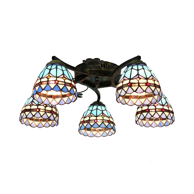 5 Heads Scalloped Ceiling Light Tiffany Stained Glass Semi Flush Light in Antique Bronze for Bedroom Clearhalo 'Ceiling Lights' 'Close To Ceiling Lights' 'Close to ceiling' 'Glass shade' 'Glass' 'Island Lights' 'Semi-flushmount' 'Tiffany close to ceiling' 'Tiffany' Lighting' 267384