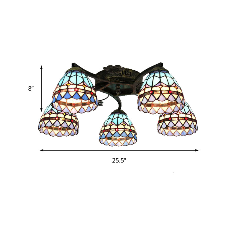 5 Heads Scalloped Ceiling Light Tiffany Stained Glass Semi Flush Light in Antique Bronze for Bedroom Clearhalo 'Ceiling Lights' 'Close To Ceiling Lights' 'Close to ceiling' 'Glass shade' 'Glass' 'Island Lights' 'Semi-flushmount' 'Tiffany close to ceiling' 'Tiffany' Lighting' 267385