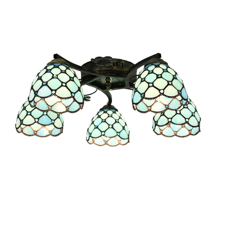 5 Heads Scalloped Ceiling Light Tiffany Stained Glass Semi Flush Light in Antique Bronze for Bedroom Clearhalo 'Ceiling Lights' 'Close To Ceiling Lights' 'Close to ceiling' 'Glass shade' 'Glass' 'Island Lights' 'Semi-flushmount' 'Tiffany close to ceiling' 'Tiffany' Lighting' 267387