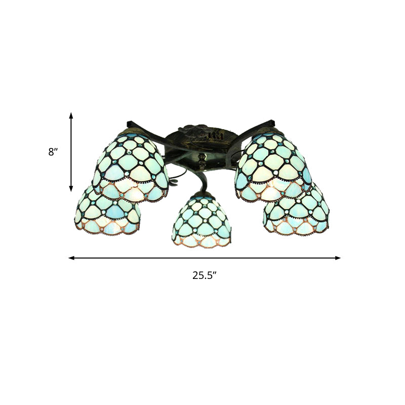 5 Heads Scalloped Ceiling Light Tiffany Stained Glass Semi Flush Light in Antique Bronze for Bedroom Clearhalo 'Ceiling Lights' 'Close To Ceiling Lights' 'Close to ceiling' 'Glass shade' 'Glass' 'Island Lights' 'Semi-flushmount' 'Tiffany close to ceiling' 'Tiffany' Lighting' 267388