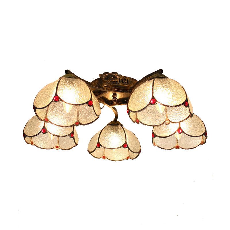 5 Heads Scalloped Ceiling Light Tiffany Stained Glass Semi Flush Light in Antique Bronze for Bedroom Clearhalo 'Ceiling Lights' 'Close To Ceiling Lights' 'Close to ceiling' 'Glass shade' 'Glass' 'Island Lights' 'Semi-flushmount' 'Tiffany close to ceiling' 'Tiffany' Lighting' 267390