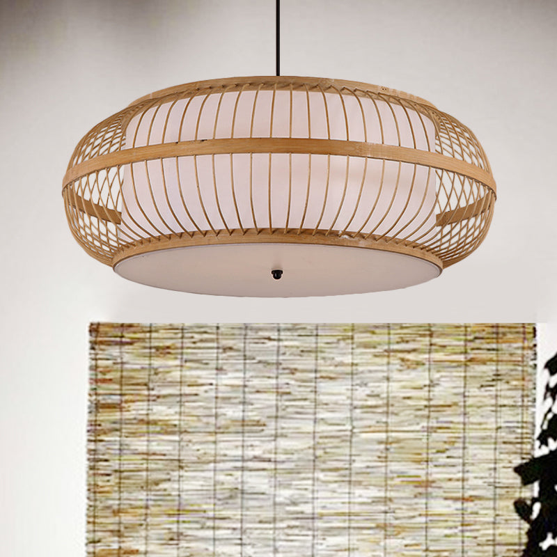 Beige Drum Pendant Lighting Asian Style 1 Light Bamboo Hanging Ceiling Light for Dining Room, 18"/21.5" Diameter Clearhalo 'Ceiling Lights' 'Pendant Lights' 'Pendants' Lighting' 267415