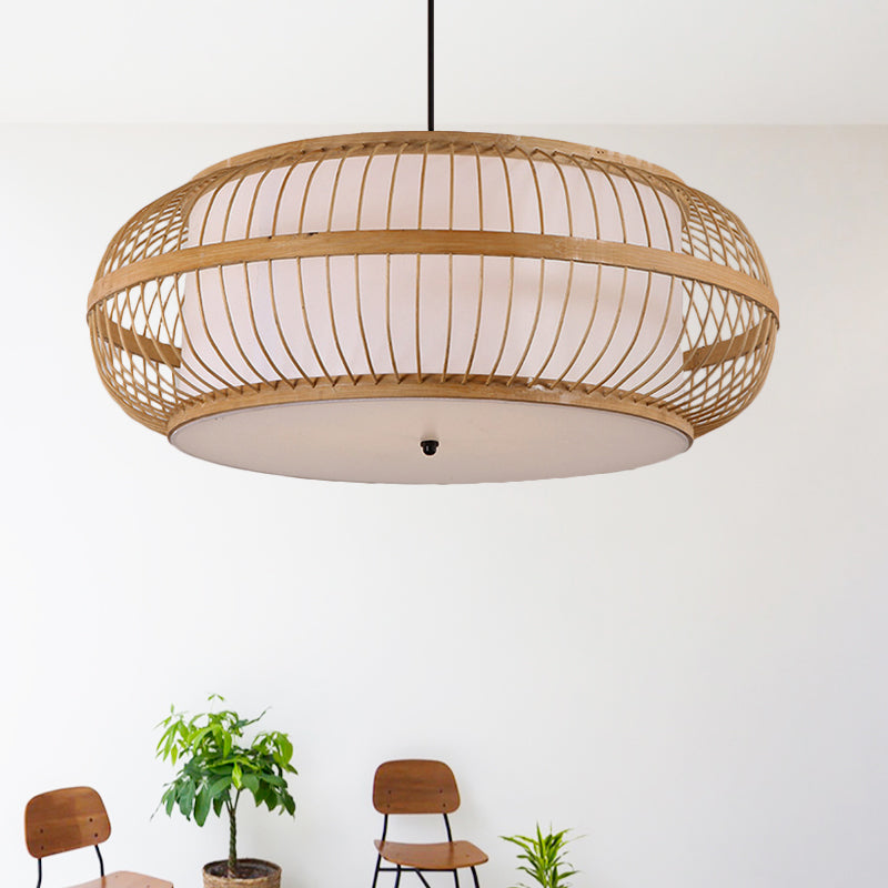 Beige Drum Pendant Lighting Asian Style 1 Light Bamboo Hanging Ceiling Light for Dining Room, 18"/21.5" Diameter Clearhalo 'Ceiling Lights' 'Pendant Lights' 'Pendants' Lighting' 267416