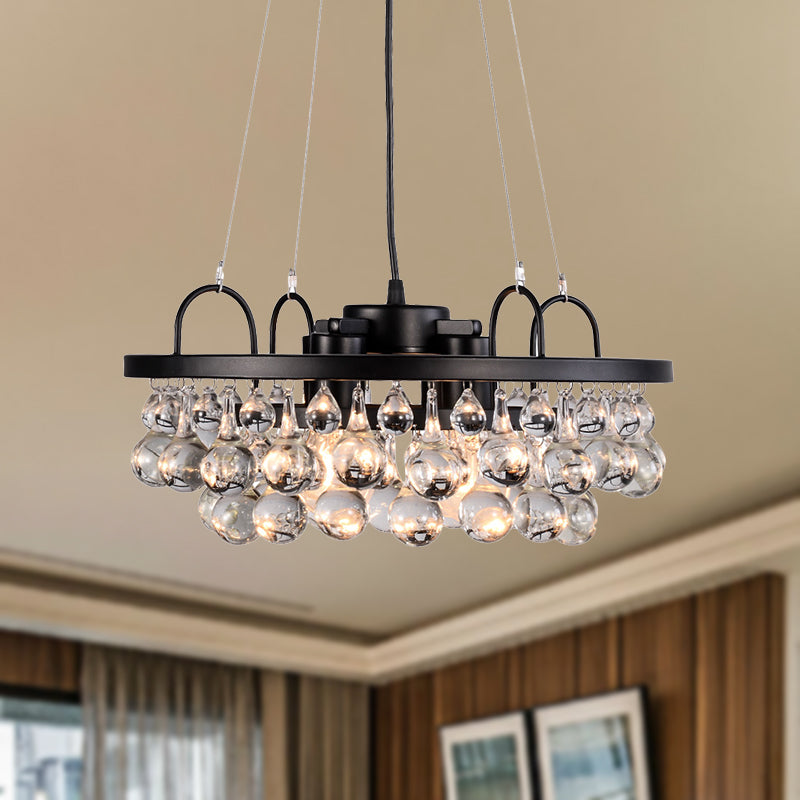 Black Round Hanging Light Fixture Vintage 4 Lights Metal Chandelier Light with Waterdrop Crystal Drop Black Clearhalo 'Ceiling Lights' 'Chandeliers' 'Glass shade' 'Glass' 'Modern Chandeliers' 'Modern' Lighting' 267451