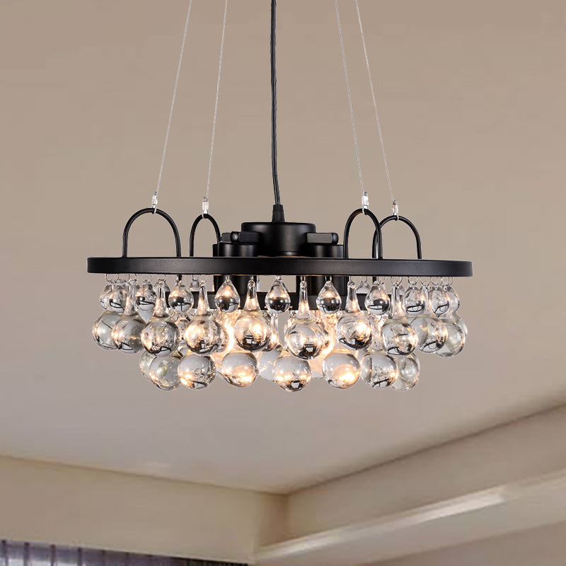 Black Round Hanging Light Fixture Vintage 4 Lights Metal Chandelier Light with Waterdrop Crystal Drop Clearhalo 'Ceiling Lights' 'Chandeliers' 'Glass shade' 'Glass' 'Modern Chandeliers' 'Modern' Lighting' 267452