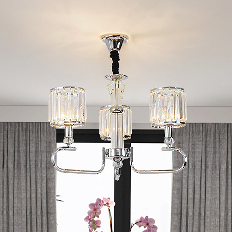 Crystal Rectangle Cylinder Hanging Ceiling Light Contemporary 3/6 Lights Chrome Chandelier Light Clearhalo 'Ceiling Lights' 'Chandeliers' 'Glass shade' 'Glass' 'Modern Chandeliers' 'Modern' Lighting' 267454