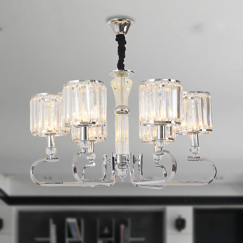 Crystal Rectangle Cylinder Hanging Ceiling Light Contemporary 3/6 Lights Chrome Chandelier Light 6 Chrome Clearhalo 'Ceiling Lights' 'Chandeliers' 'Glass shade' 'Glass' 'Modern Chandeliers' 'Modern' Lighting' 267455