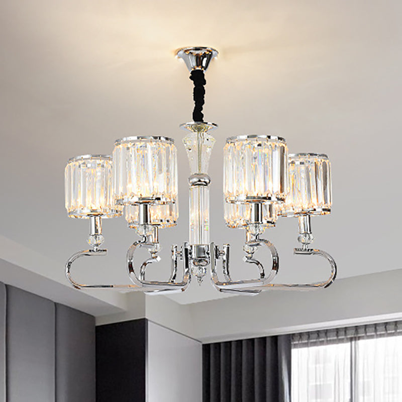 Crystal Rectangle Cylinder Hanging Ceiling Light Contemporary 3/6 Lights Chrome Chandelier Light Clearhalo 'Ceiling Lights' 'Chandeliers' 'Glass shade' 'Glass' 'Modern Chandeliers' 'Modern' Lighting' 267456