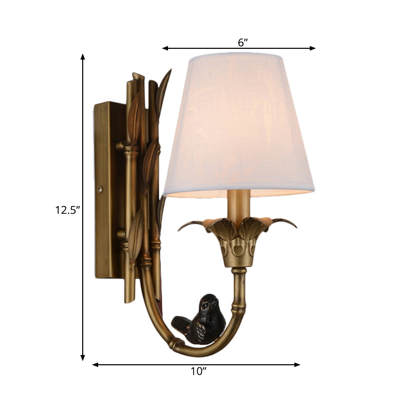 1 Light Wall Lamp Country Cone Fabric Sconce Light Fixture in White with Brass Metal Backplate Clearhalo 'Wall Lamps & Sconces' 'Wall Lights' Lighting' 267480