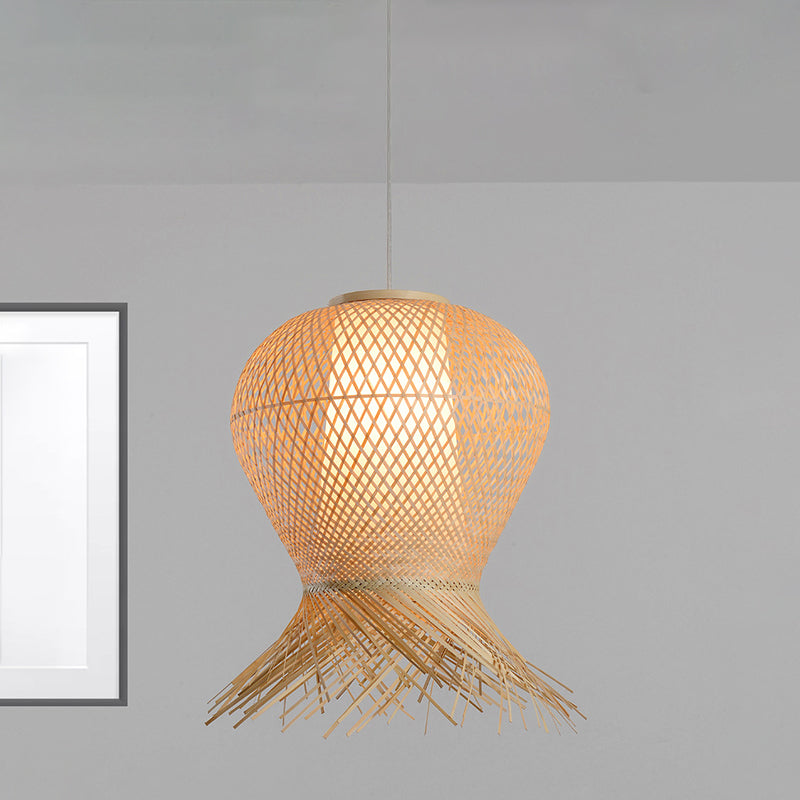 Woven Pendant Lighting Traditional Bamboo 1 Bulb 12"/16"/19.5" Wide Beige Hanging Lamp Kit for Living Room Clearhalo 'Ceiling Lights' 'Pendant Lights' 'Pendants' Lighting' 267484