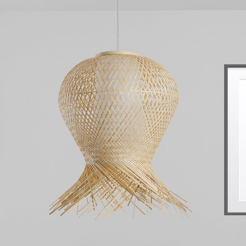 Woven Pendant Lighting Traditional Bamboo 1 Bulb 12"/16"/19.5" Wide Beige Hanging Lamp Kit for Living Room Clearhalo 'Ceiling Lights' 'Pendant Lights' 'Pendants' Lighting' 267495