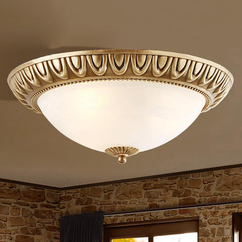 Bowl Frosted Glass Flush Fixture Traditional 4 Lights Living Room Ceiling Light in Brass Clearhalo 'Ceiling Lights' 'Close To Ceiling Lights' 'Close to ceiling' 'Glass shade' 'Glass' Lighting' 267518