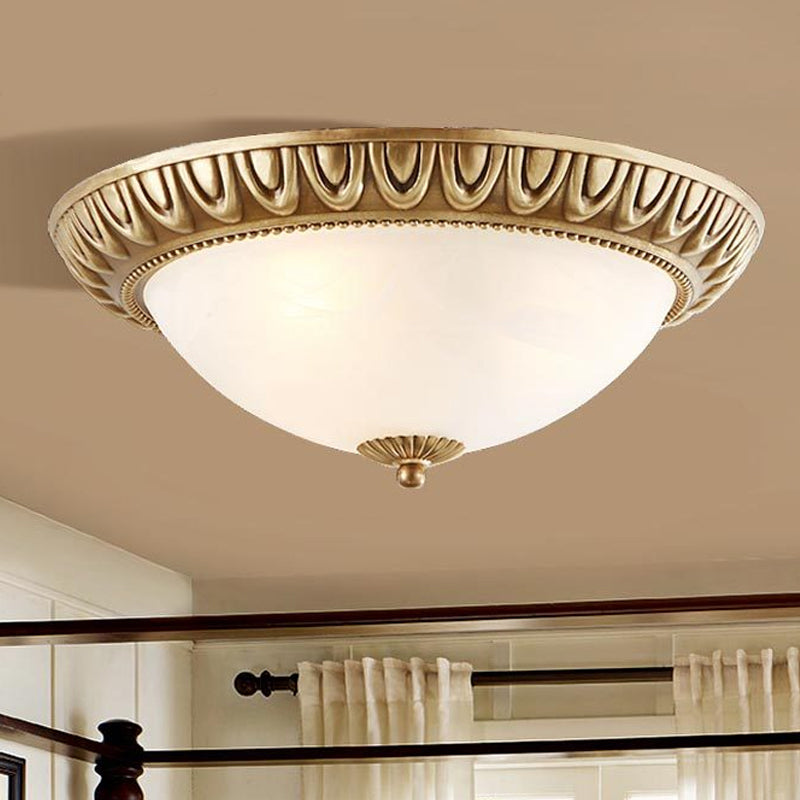 Bowl Frosted Glass Flush Fixture Traditional 4 Lights Living Room Ceiling Light in Brass Clearhalo 'Ceiling Lights' 'Close To Ceiling Lights' 'Close to ceiling' 'Glass shade' 'Glass' Lighting' 267519