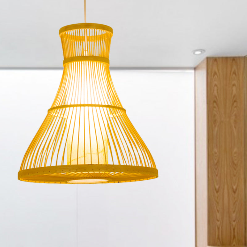 Trumpet Ceiling Light Modernism Bamboo 1 Bulb 12"/16" Wide Wood Pendant Light Fixture Clearhalo 'Ceiling Lights' 'Pendant Lights' 'Pendants' Lighting' 267574