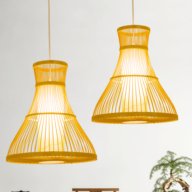 Trumpet Ceiling Light Modernism Bamboo 1 Bulb 12"/16" Wide Wood Pendant Light Fixture Clearhalo 'Ceiling Lights' 'Pendant Lights' 'Pendants' Lighting' 267575