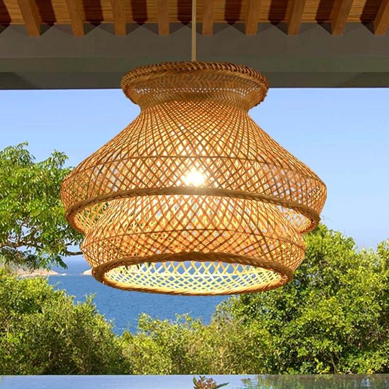 Retro 1 Bulb Suspension Lighting Wood 2-Tier Hanging Ceiling Light with Bamboo Shade Clearhalo 'Ceiling Lights' 'Modern Pendants' 'Modern' 'Pendant Lights' 'Pendants' Lighting' 267602