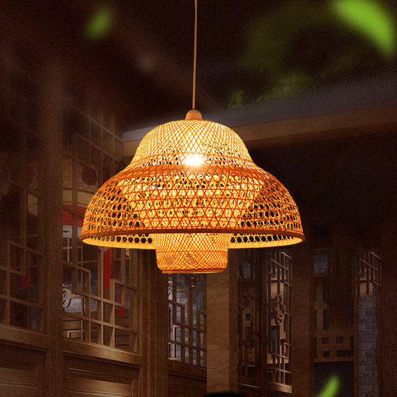 1 Bulb Handmade Pendant Lighting Traditional Bamboo Hanging Light Fixture in Wood Clearhalo 'Ceiling Lights' 'Pendant Lights' 'Pendants' Lighting' 267626