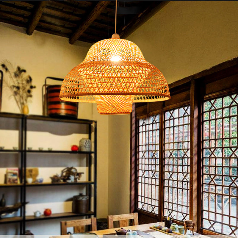 1 Bulb Handmade Pendant Lighting Traditional Bamboo Hanging Light Fixture in Wood Clearhalo 'Ceiling Lights' 'Pendant Lights' 'Pendants' Lighting' 267628