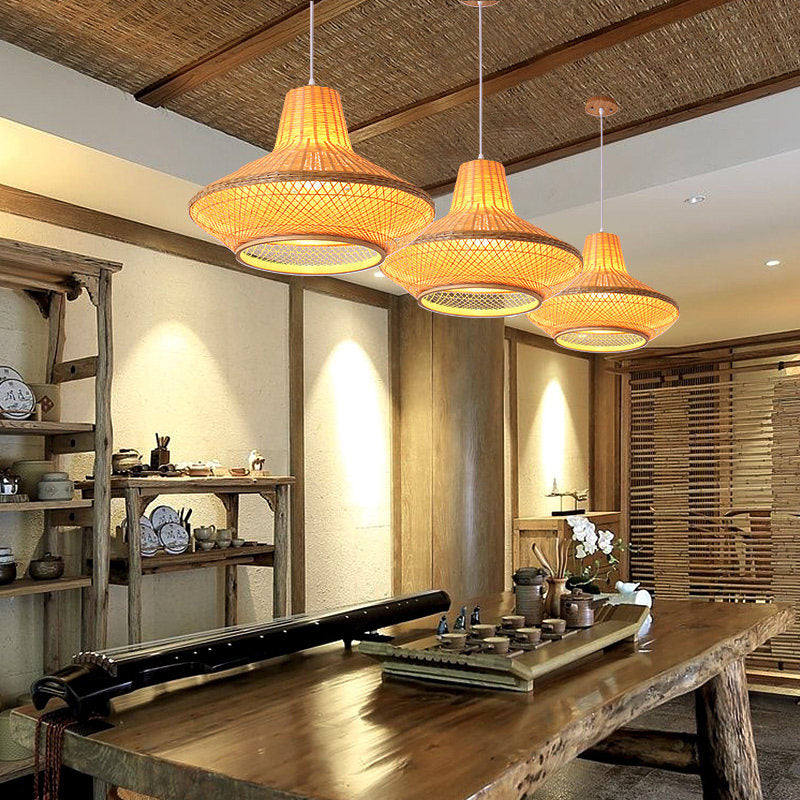 1 Head Teahouse Suspension Pendant Contemporary Wood Hanging Ceiling Light with Jar Bamboo Shade Clearhalo 'Ceiling Lights' 'Pendant Lights' 'Pendants' Lighting' 267671