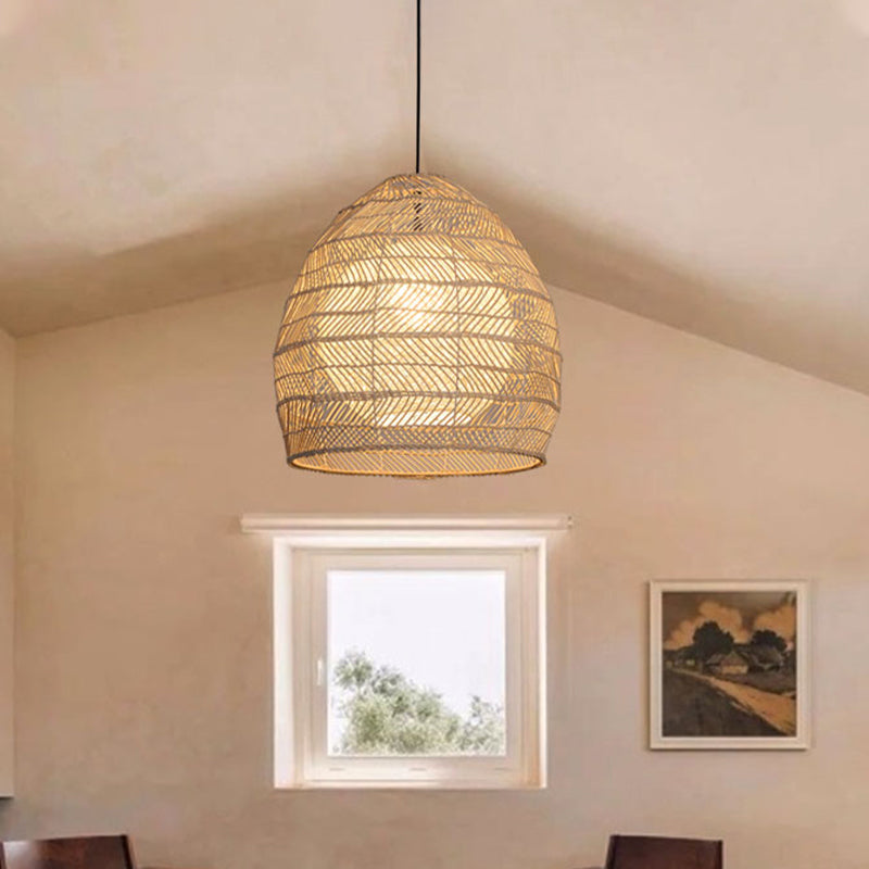 Bell Suspension Lighting Traditional Rattan 1 Bulb Wood Hanging Ceiling Light for Guesthouse Clearhalo 'Ceiling Lights' 'Pendant Lights' 'Pendants' Lighting' 267711