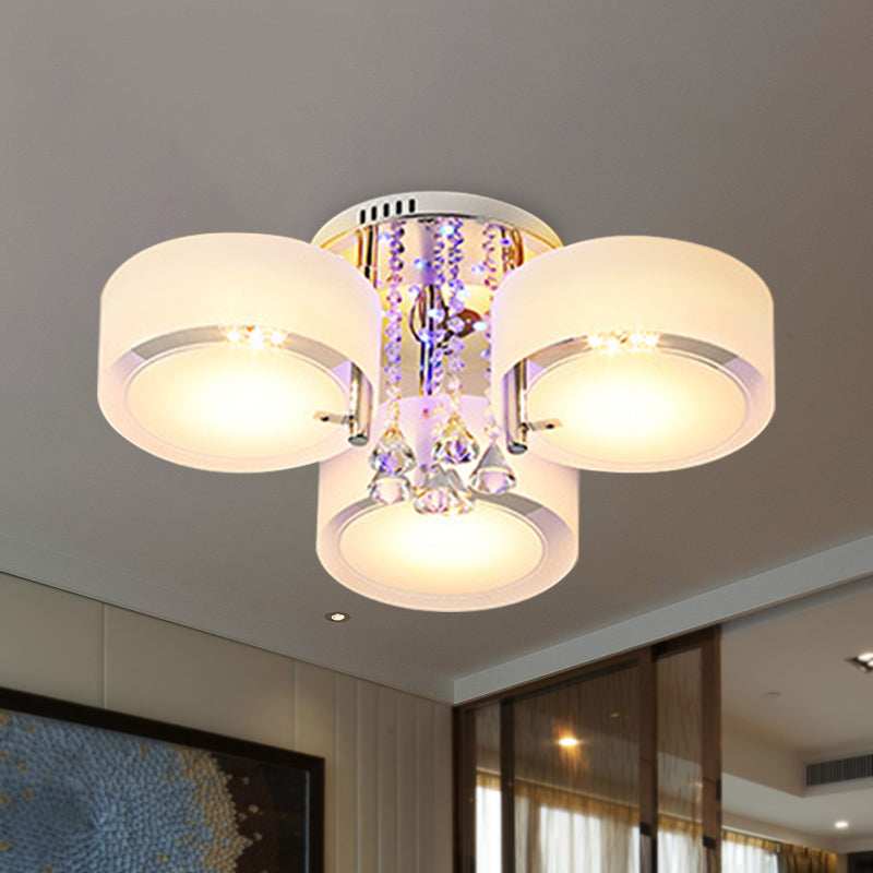 Drum Flush Mount Light Modern Frosted Glass 3/5/6 Heads White Ceiling Light with Crystal Drop 3 White Clearhalo 'Ceiling Lights' 'Close To Ceiling Lights' 'Close to ceiling' 'Flush mount' Lighting' 267776