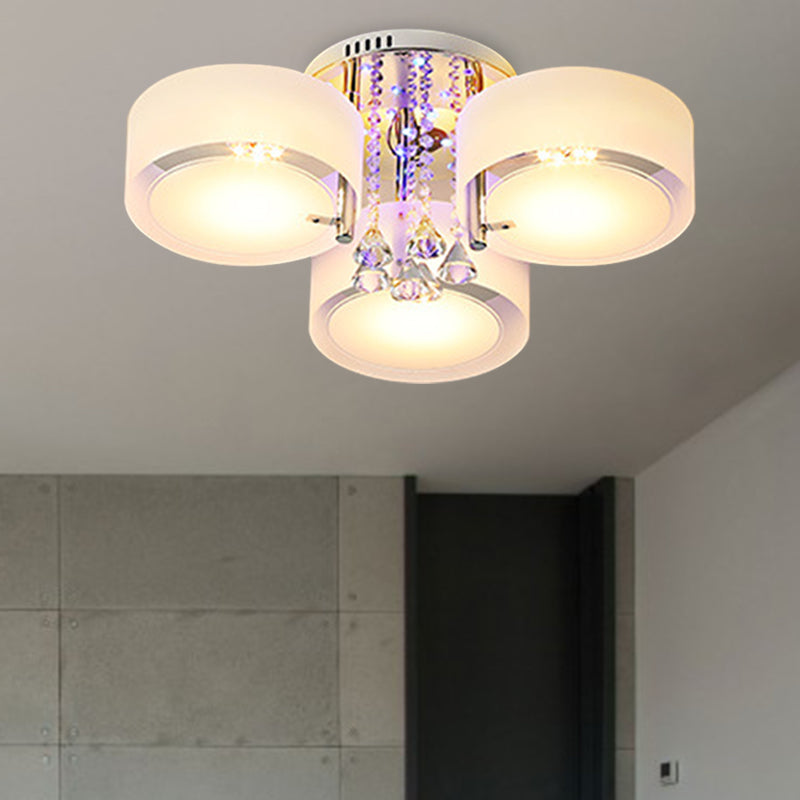 Drum Flush Mount Light Modern Frosted Glass 3/5/6 Heads White Ceiling Light with Crystal Drop Clearhalo 'Ceiling Lights' 'Close To Ceiling Lights' 'Close to ceiling' 'Flush mount' Lighting' 267778