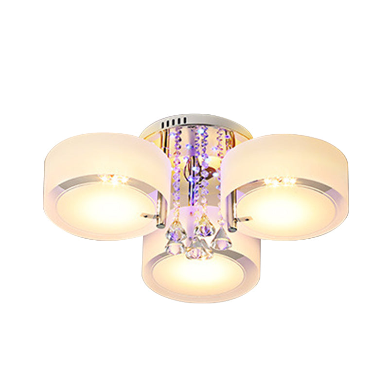 Drum Flush Mount Light Modern Frosted Glass 3/5/6 Heads White Ceiling Light with Crystal Drop Clearhalo 'Ceiling Lights' 'Close To Ceiling Lights' 'Close to ceiling' 'Flush mount' Lighting' 267780