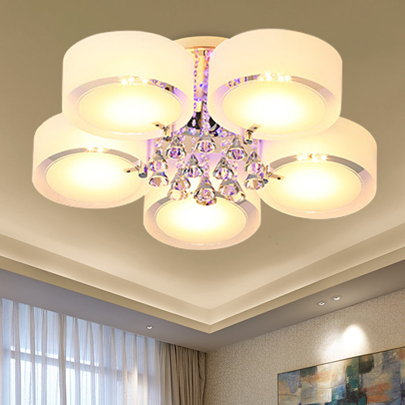 Drum Flush Mount Light Modern Frosted Glass 3/5/6 Heads White Ceiling Light with Crystal Drop 5 White Clearhalo 'Ceiling Lights' 'Close To Ceiling Lights' 'Close to ceiling' 'Flush mount' Lighting' 267782