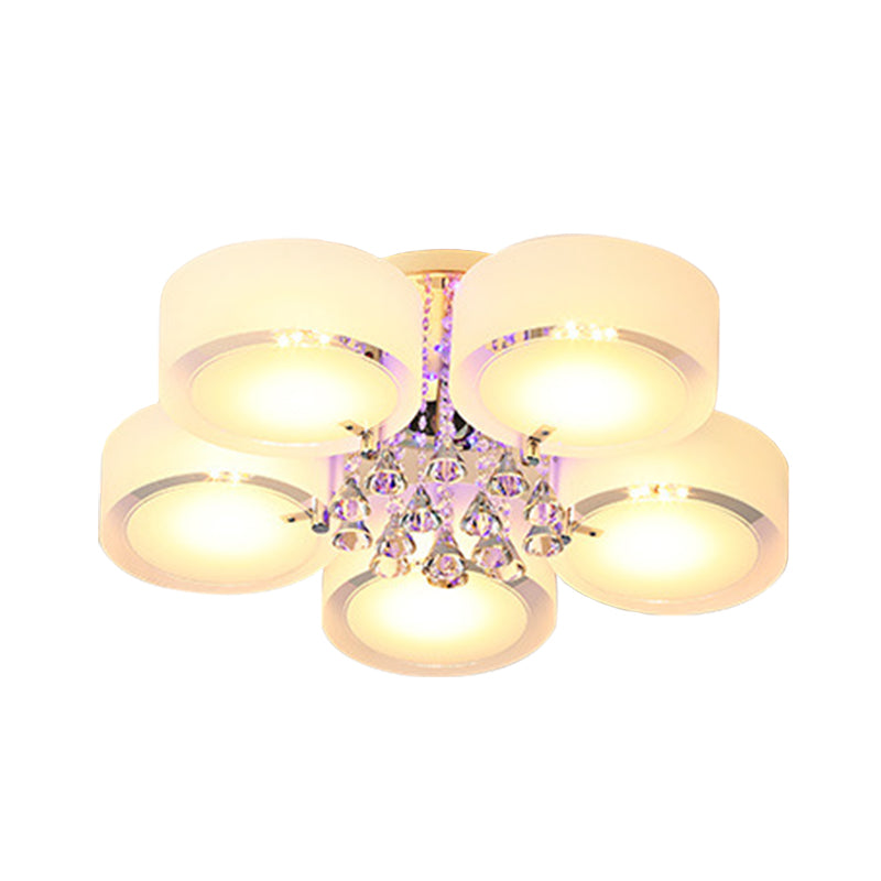 Drum Flush Mount Light Modern Frosted Glass 3/5/6 Heads White Ceiling Light with Crystal Drop Clearhalo 'Ceiling Lights' 'Close To Ceiling Lights' 'Close to ceiling' 'Flush mount' Lighting' 267786