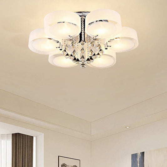 Drum Flush Mount Light Modern Frosted Glass 3/5/6 Heads White Ceiling Light with Crystal Drop Clearhalo 'Ceiling Lights' 'Close To Ceiling Lights' 'Close to ceiling' 'Flush mount' Lighting' 267789