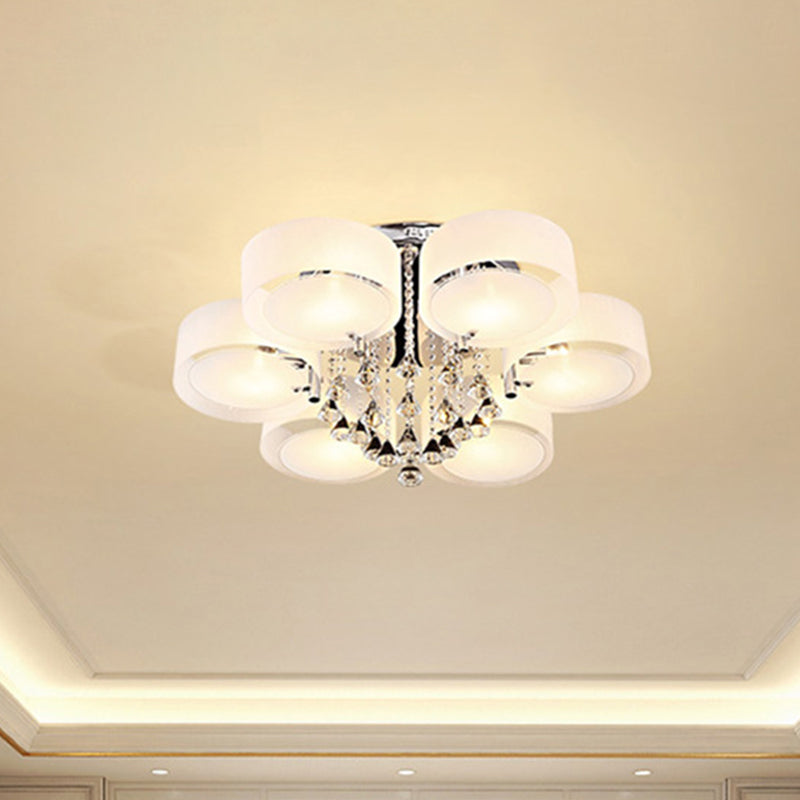 Drum Flush Mount Light Modern Frosted Glass 3/5/6 Heads White Ceiling Light with Crystal Drop Clearhalo 'Ceiling Lights' 'Close To Ceiling Lights' 'Close to ceiling' 'Flush mount' Lighting' 267790