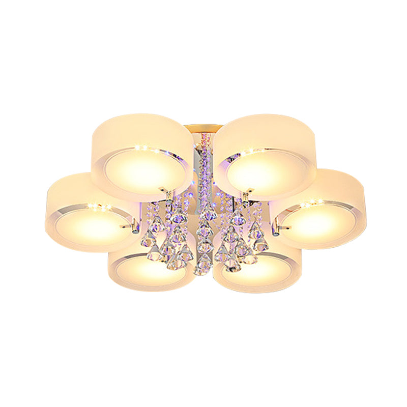 Drum Flush Mount Light Modern Frosted Glass 3/5/6 Heads White Ceiling Light with Crystal Drop Clearhalo 'Ceiling Lights' 'Close To Ceiling Lights' 'Close to ceiling' 'Flush mount' Lighting' 267792