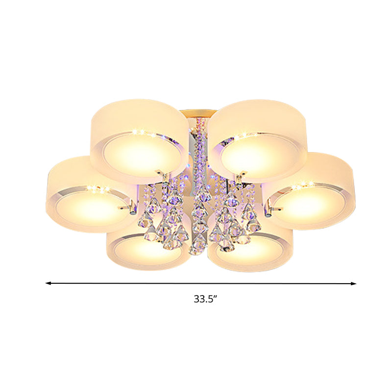 Drum Flush Mount Light Modern Frosted Glass 3/5/6 Heads White Ceiling Light with Crystal Drop Clearhalo 'Ceiling Lights' 'Close To Ceiling Lights' 'Close to ceiling' 'Flush mount' Lighting' 267793