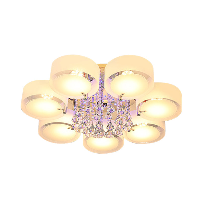 Drum Flush Mount Light Modern Frosted Glass 3/5/6 Heads White Ceiling Light with Crystal Drop Clearhalo 'Ceiling Lights' 'Close To Ceiling Lights' 'Close to ceiling' 'Flush mount' Lighting' 267798