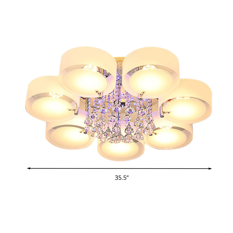 Drum Flush Mount Light Modern Frosted Glass 3/5/6 Heads White Ceiling Light with Crystal Drop Clearhalo 'Ceiling Lights' 'Close To Ceiling Lights' 'Close to ceiling' 'Flush mount' Lighting' 267799