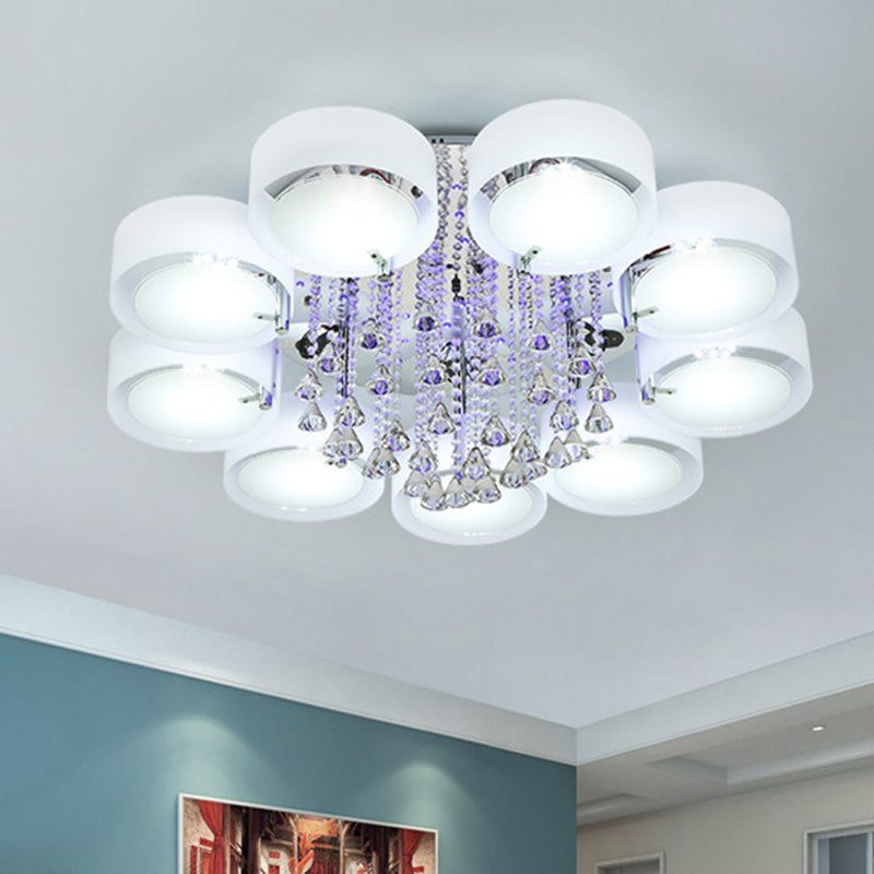 Drum Flush Mount Light Modern Frosted Glass 3/5/6 Heads White Ceiling Light with Crystal Drop 9 White Clearhalo 'Ceiling Lights' 'Close To Ceiling Lights' 'Close to ceiling' 'Flush mount' Lighting' 267800