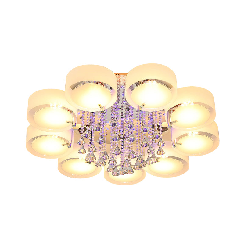 Drum Flush Mount Light Modern Frosted Glass 3/5/6 Heads White Ceiling Light with Crystal Drop Clearhalo 'Ceiling Lights' 'Close To Ceiling Lights' 'Close to ceiling' 'Flush mount' Lighting' 267804