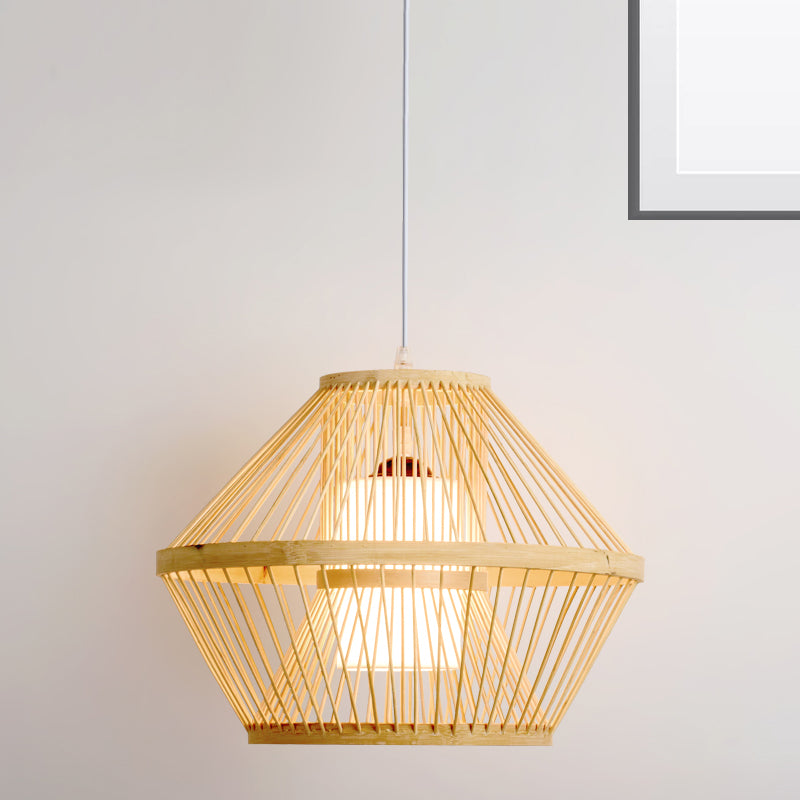 1 Bulb Tapered/Jar Pendant Lighting Traditional Bamboo Hanging Light Fixture in Wood Clearhalo 'Ceiling Lights' 'Pendant Lights' 'Pendants' Lighting' 267809