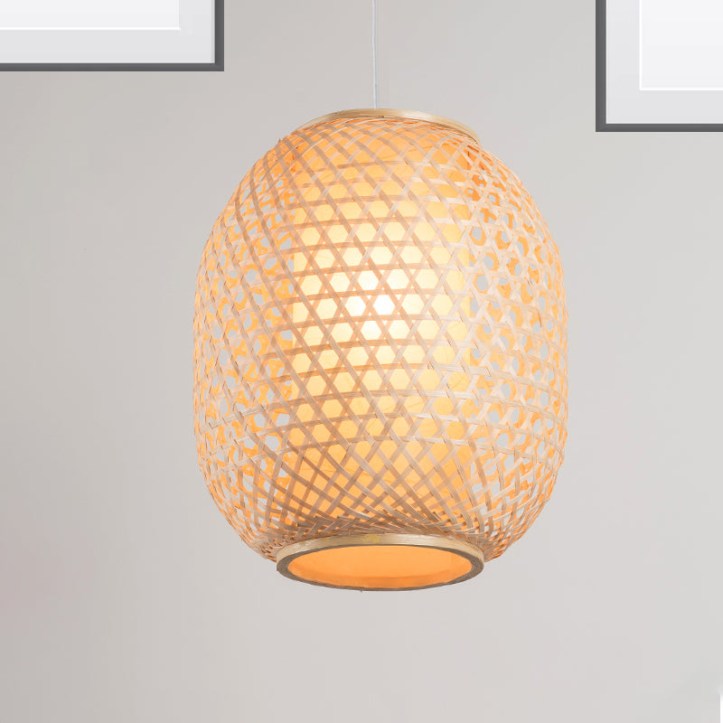 Lantern Suspension Pendant Retro Bamboo 1 Bulb Wood Hanging Light Kit with Inner Fabric Shade Wood Clearhalo 'Ceiling Lights' 'Pendant Lights' 'Pendants' Lighting' 267819_88be7bef-85c4-406c-ad04-83bc7aed1a9e