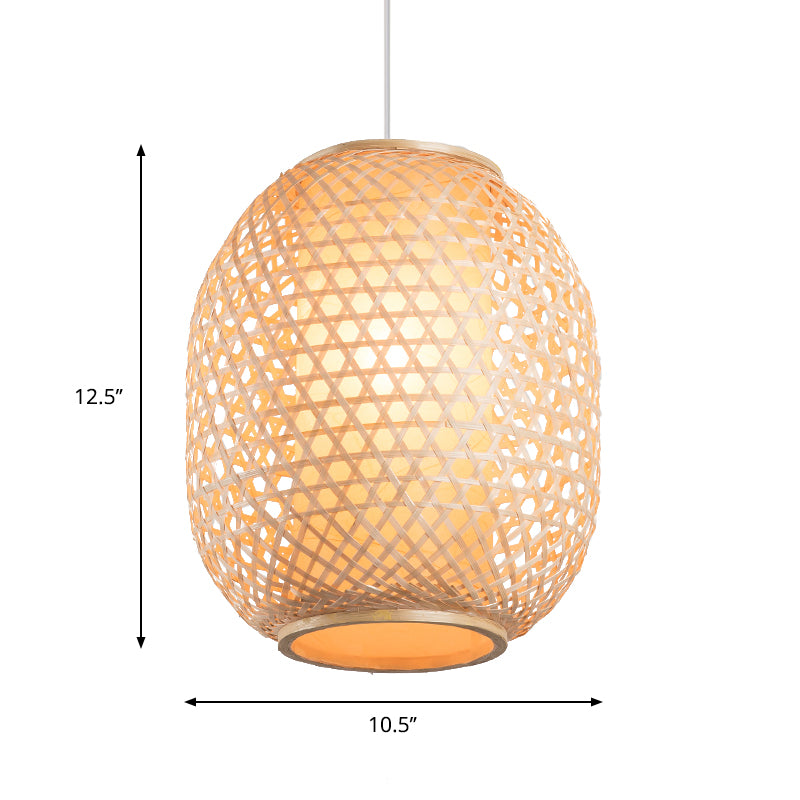 Lantern Suspension Pendant Retro Bamboo 1 Bulb Wood Hanging Light Kit with Inner Fabric Shade Clearhalo 'Ceiling Lights' 'Pendant Lights' 'Pendants' Lighting' 267824