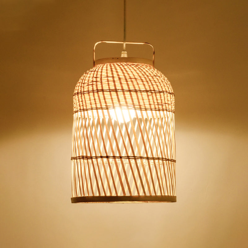 Rustic Bird Cage Hanging Light Bamboo 1 Bulb Ceiling Pendant Lamp in Wood with Handle Clearhalo 'Ceiling Lights' 'Pendant Lights' 'Pendants' Lighting' 267825