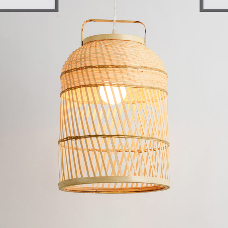 Rustic Bird Cage Hanging Light Bamboo 1 Bulb Ceiling Pendant Lamp in Wood with Handle Clearhalo 'Ceiling Lights' 'Pendant Lights' 'Pendants' Lighting' 267827