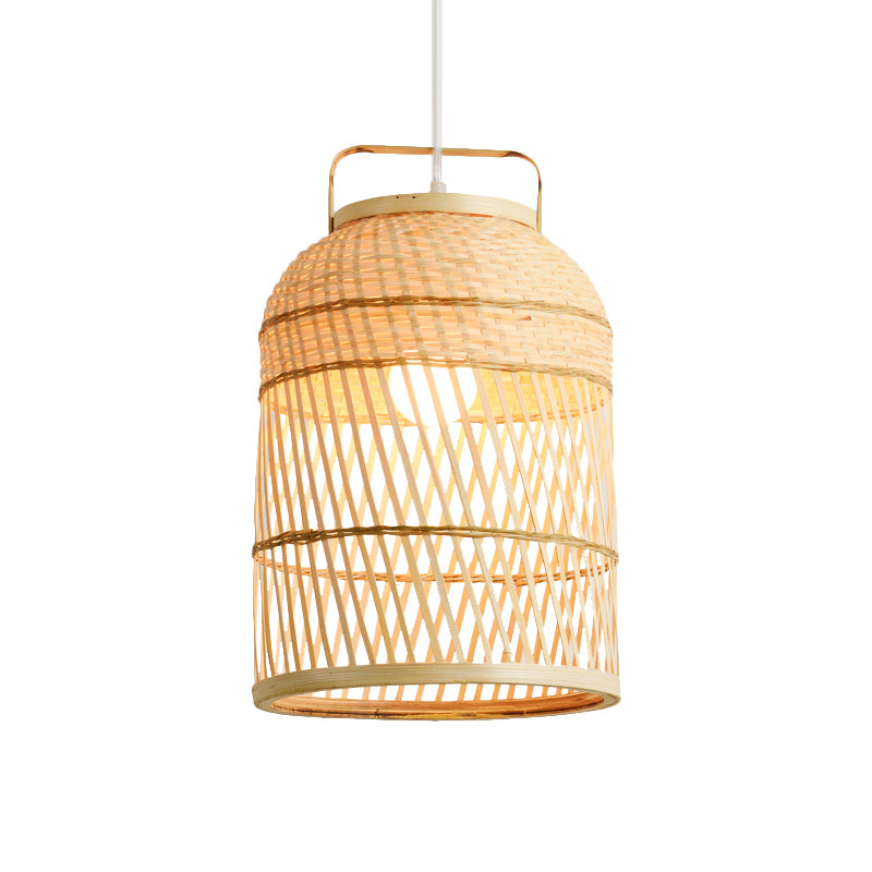 Rustic Bird Cage Hanging Light Bamboo 1 Bulb Ceiling Pendant Lamp in Wood with Handle Clearhalo 'Ceiling Lights' 'Pendant Lights' 'Pendants' Lighting' 267830