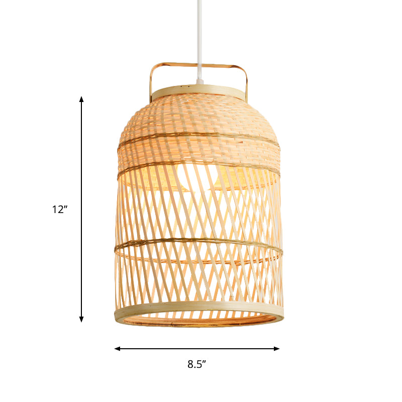 Rustic Bird Cage Hanging Light Bamboo 1 Bulb Ceiling Pendant Lamp in Wood with Handle Clearhalo 'Ceiling Lights' 'Pendant Lights' 'Pendants' Lighting' 267831